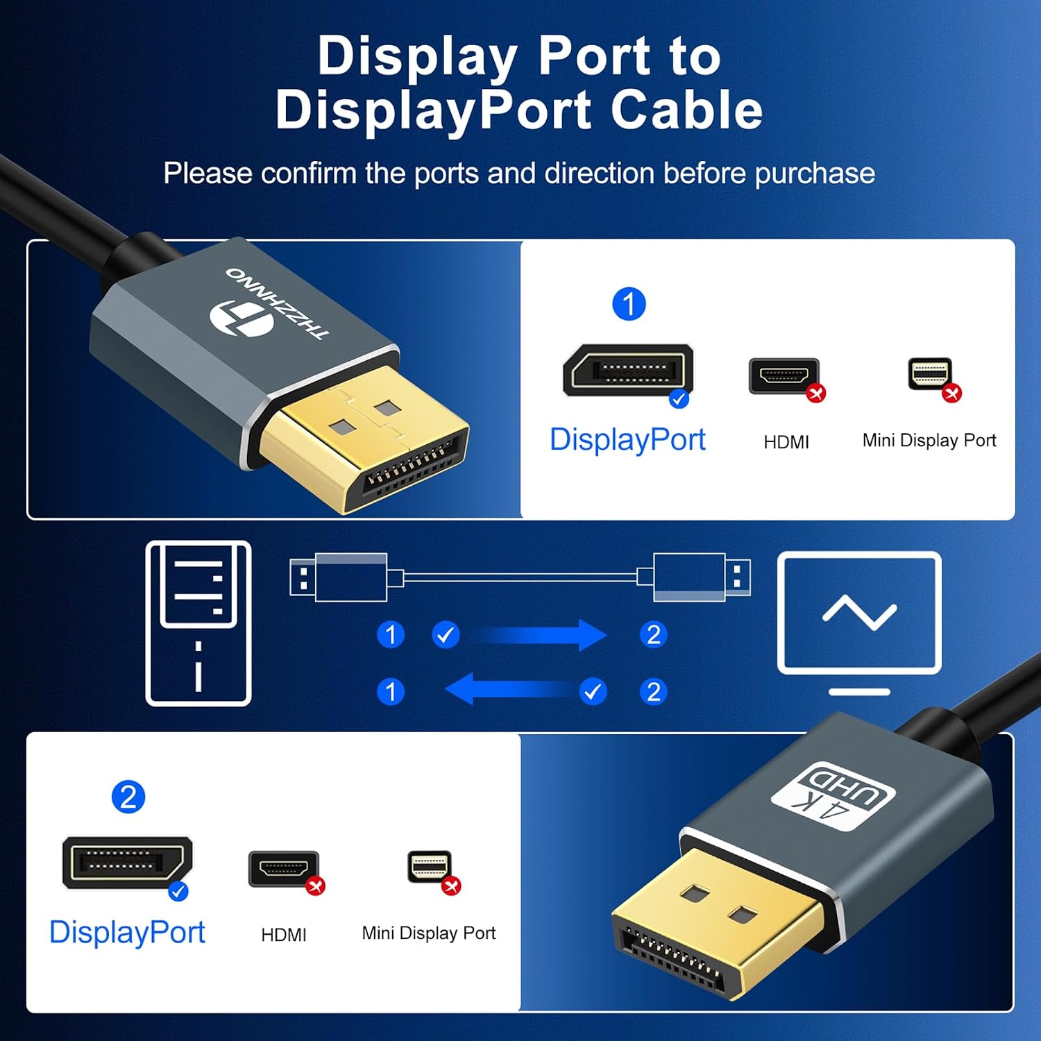 Thumbnail 4 de Thzzhnno DisplayPort Spiralkabel 1M 4K