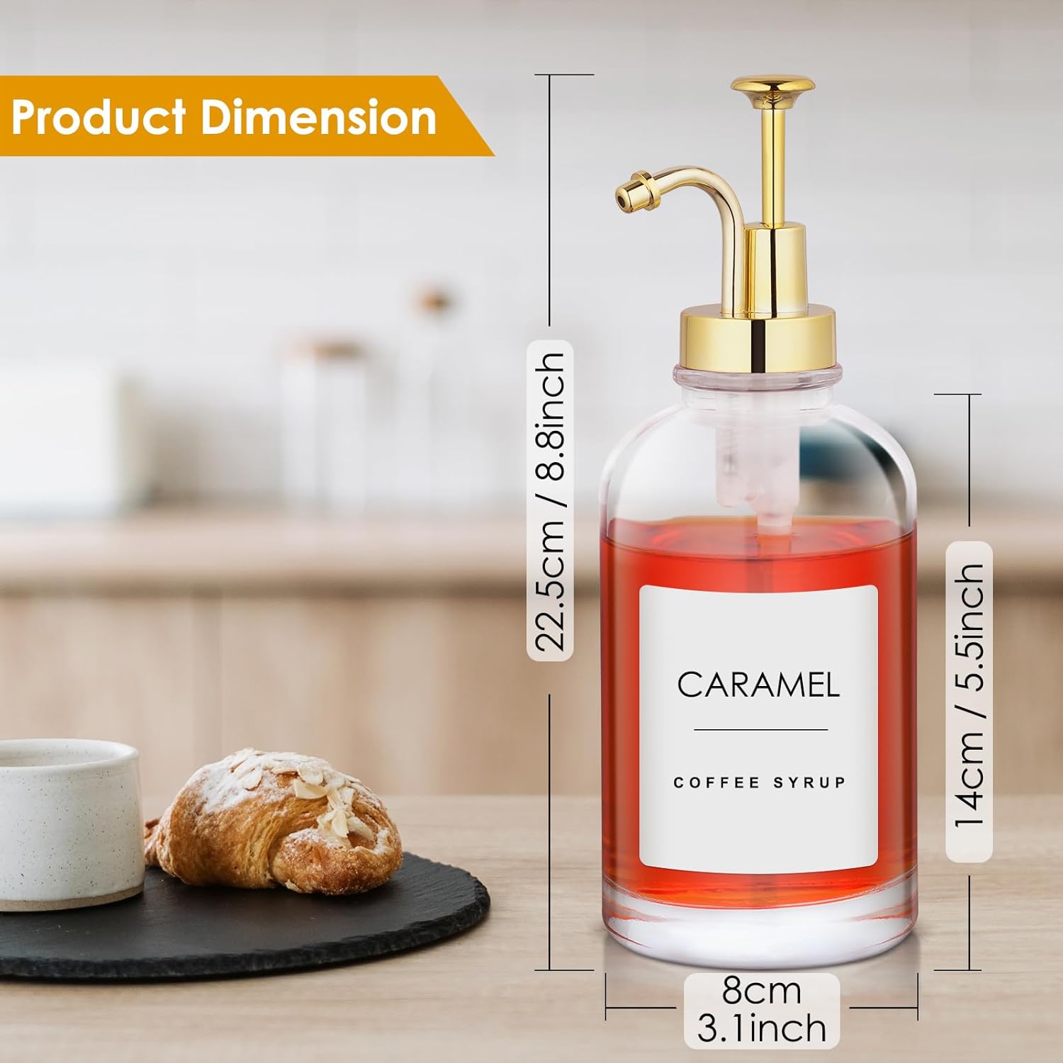 Detalle de Coffee Syrup Dispenser Set with Gold Pumps (2 x 16.9 oz) – Glass Bottles, Funnels & Labels