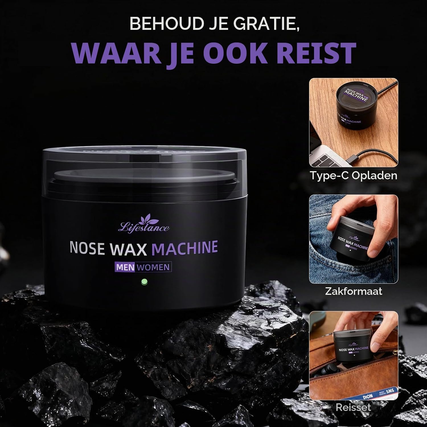 Detalle 1 de Lifestance neuswaxset met USB-waxverwarmer, 120 g wax en 2-in-1-applicator