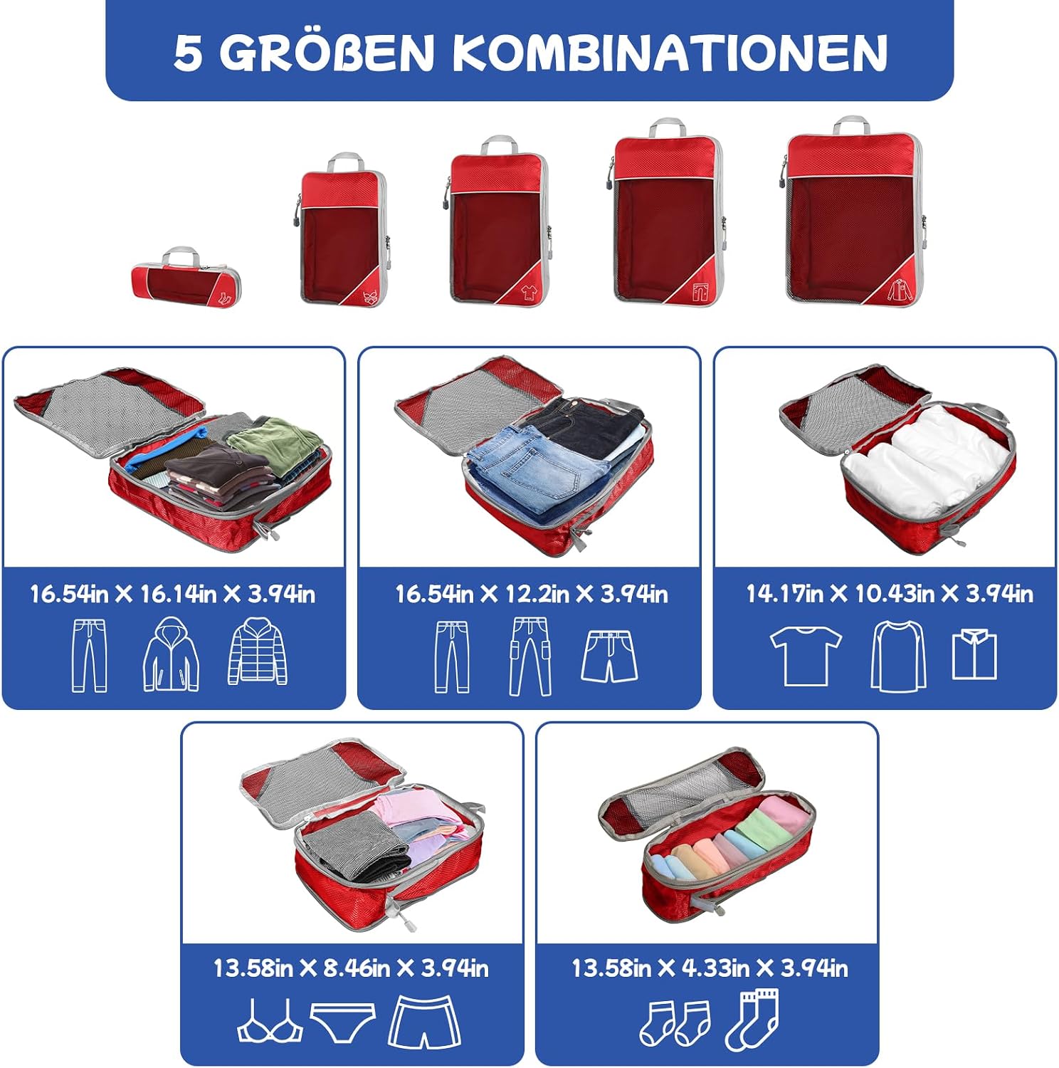 Thumbnail 3 de 5-teiliges Kompressions Packwürfel-Set für Reisen – Ultraleichte Koffer-Organizer aus Ripstop-Polyester (Rot)