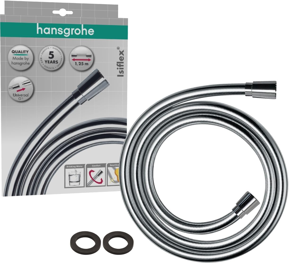 Detalle de Hansgrohe Isiflex Universal-Duschschlauch 1,25 m – Verdrehschutz, Knickschutz, inkl. Dichtungen, Chrom