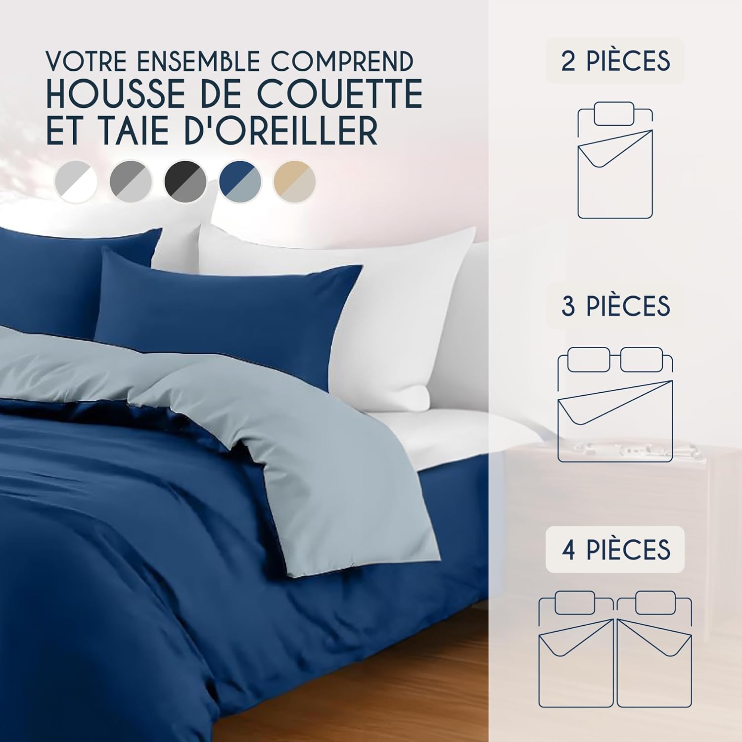 Thumbnail 5 de Dreamzie Parure de lit 200x200 en microfibre (housse de couette + 2 taies 65x65) bleu foncé/bleu gris