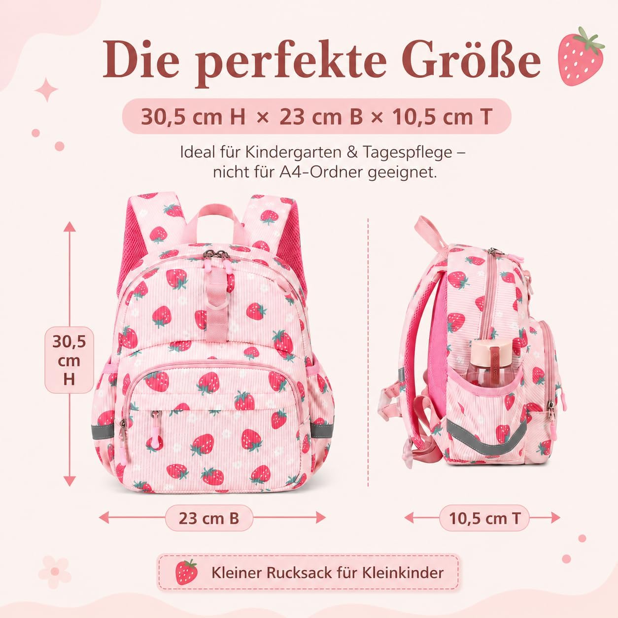 Detalle de LOIDOU Kleinkind-Rucksack Mädchen 12 Zoll – Rosa Erdbeeren & Blumen, 8 L, isolierte Fronttasche