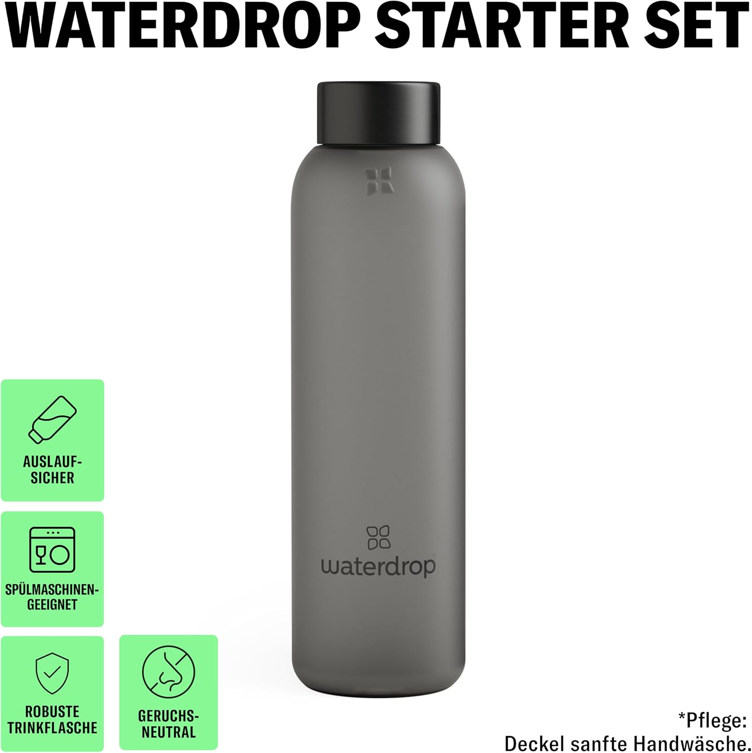 Detalle de waterdrop® Glasflasche 600 ml inkl. 18 zuckerfreie Drops – Probierpaket, Geschenk für Frauen