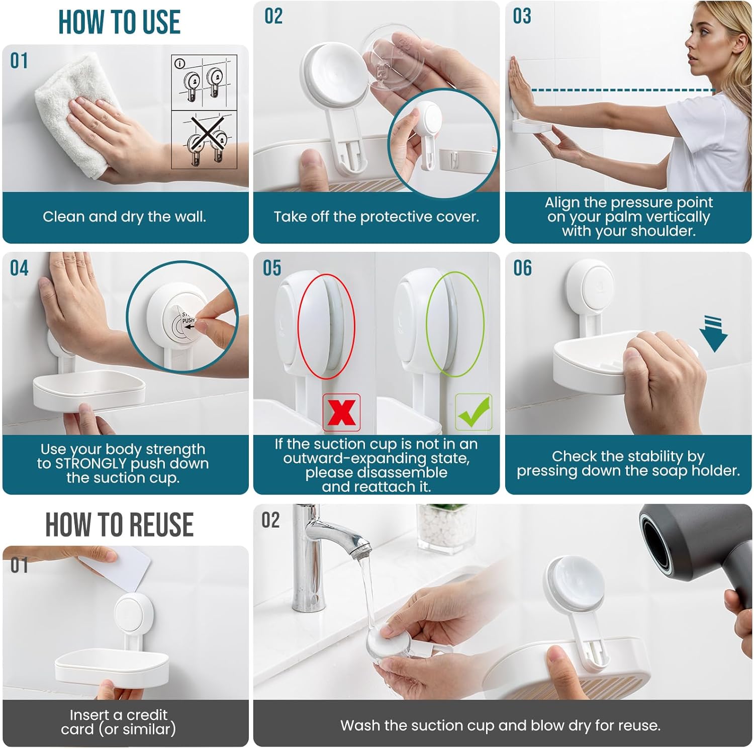 Thumbnail 6 de TAILI Porte-savon à ventouse sans perçage pour salle de bain (lot de 2) avec drainage et porte-éponge