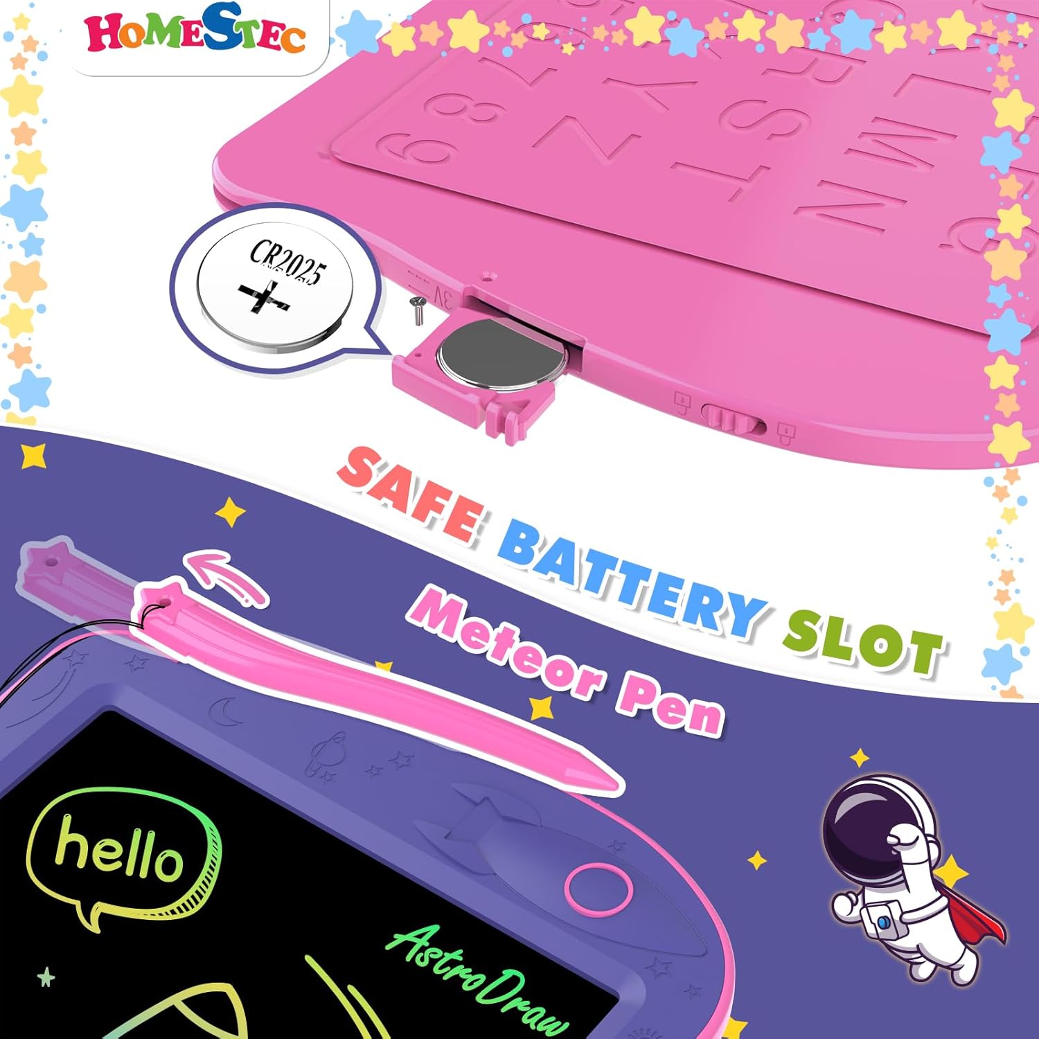 Detalle 2 de HOMESTEC AstroDraw tavoletta grafica bambini a tema spaziale con manico (rosa) LCD