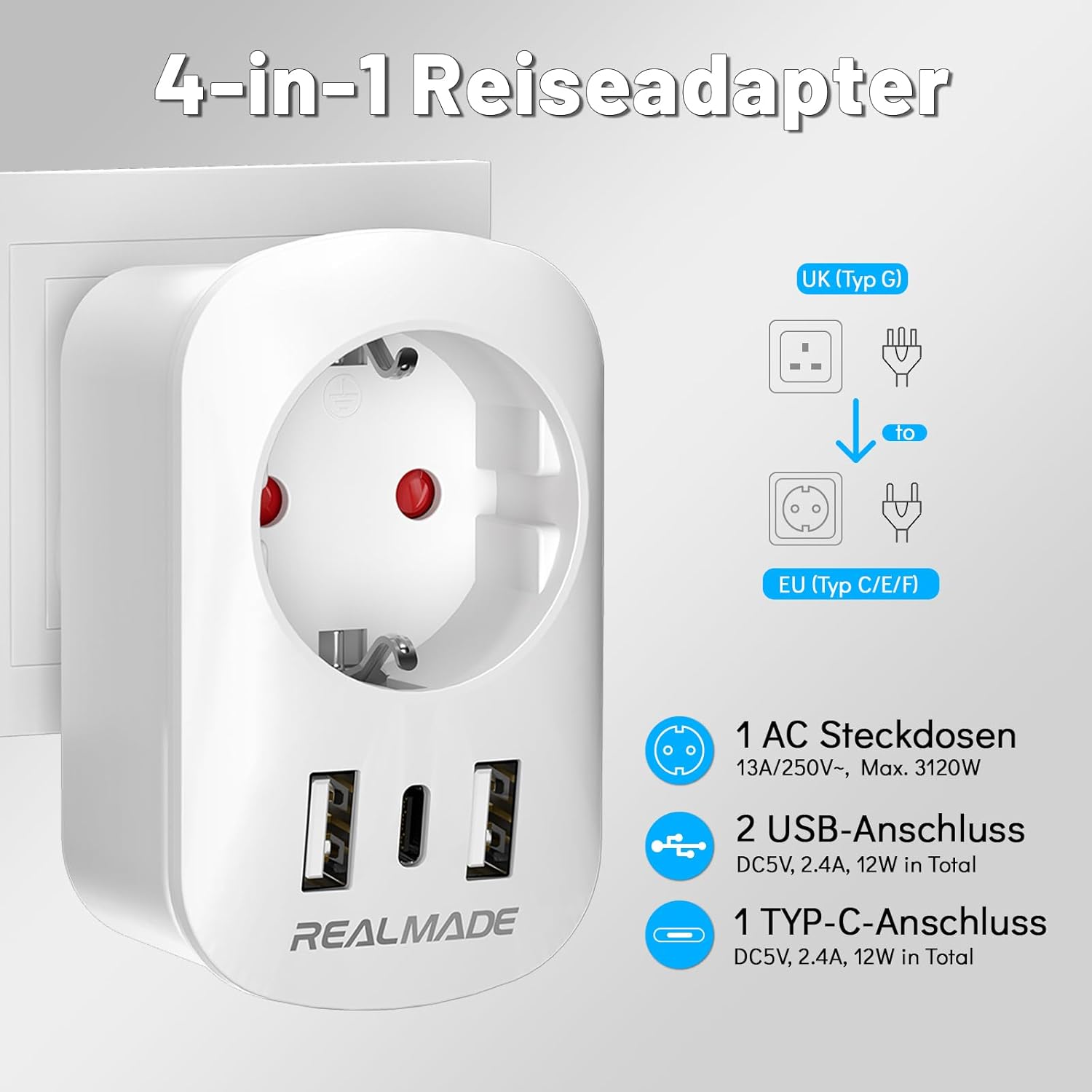 Thumbnail 2 de RealMade Reiseadapter UK auf EU mit 2× USB und 1× Typ‑C Anschluss für Großbritannien (Typ G)