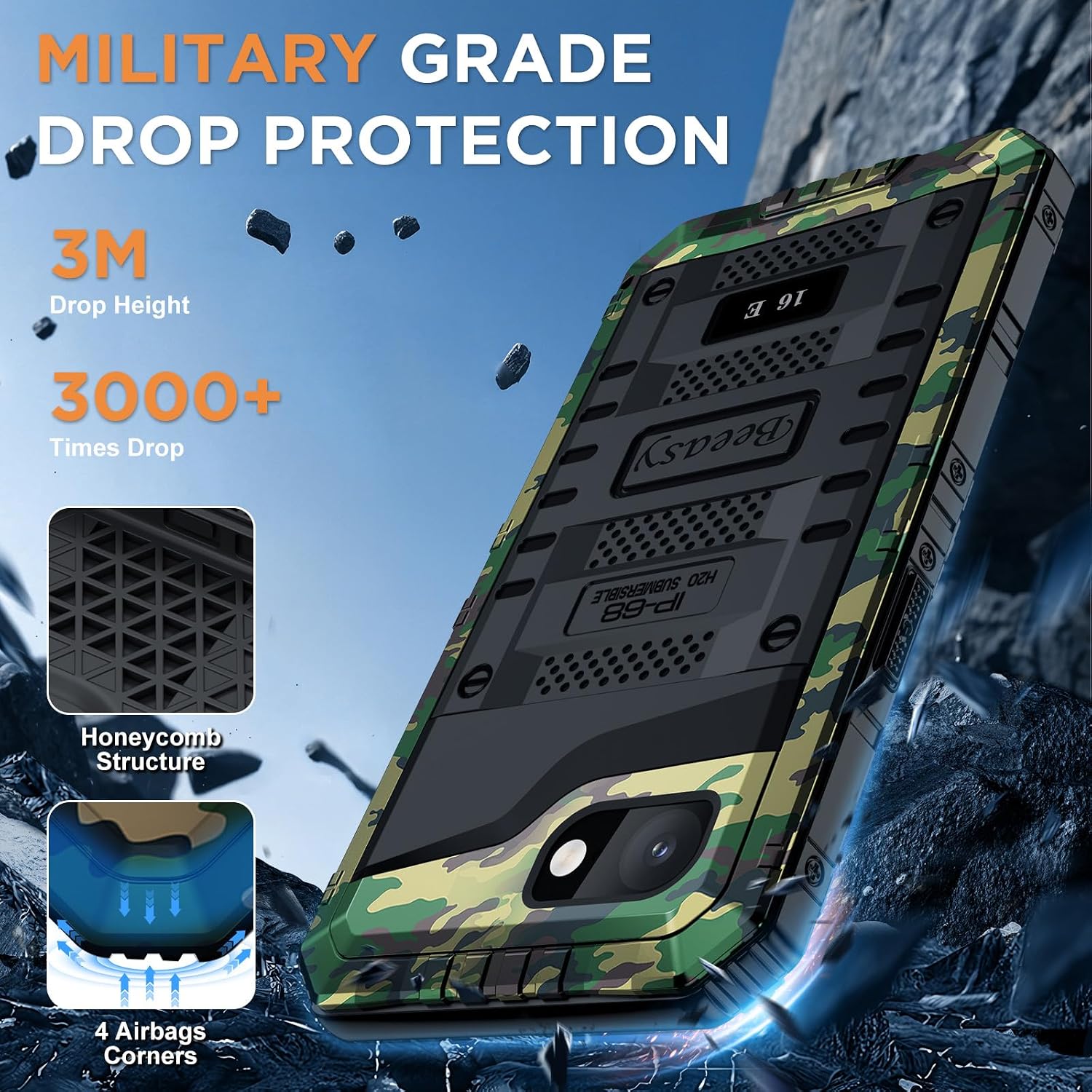 Detalle 2 de Beeasy Robust Series Waterproof iPhone 16e / 17e Case (IP68) – Heavy-Duty Metal Armour, Shockproof & Dustproof, Black