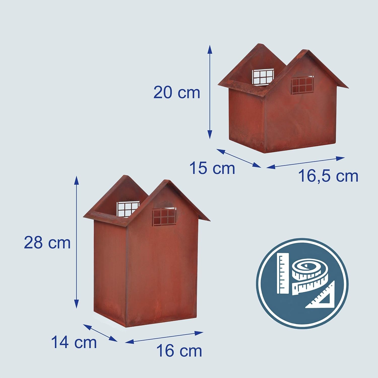 Detalle de Relaxdays dekorationshus i stål, 2-pack med rostfinish för blommor och ljus