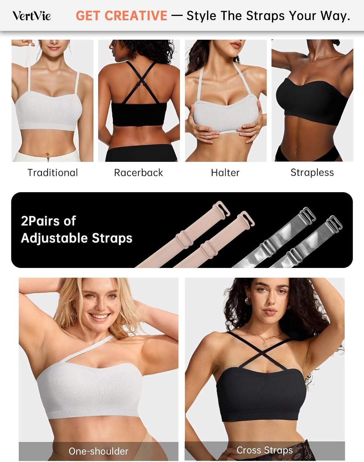 Detalle de Vertvie Strapless Wireless Push Up Bandeau Bra with Non-Slip Grip