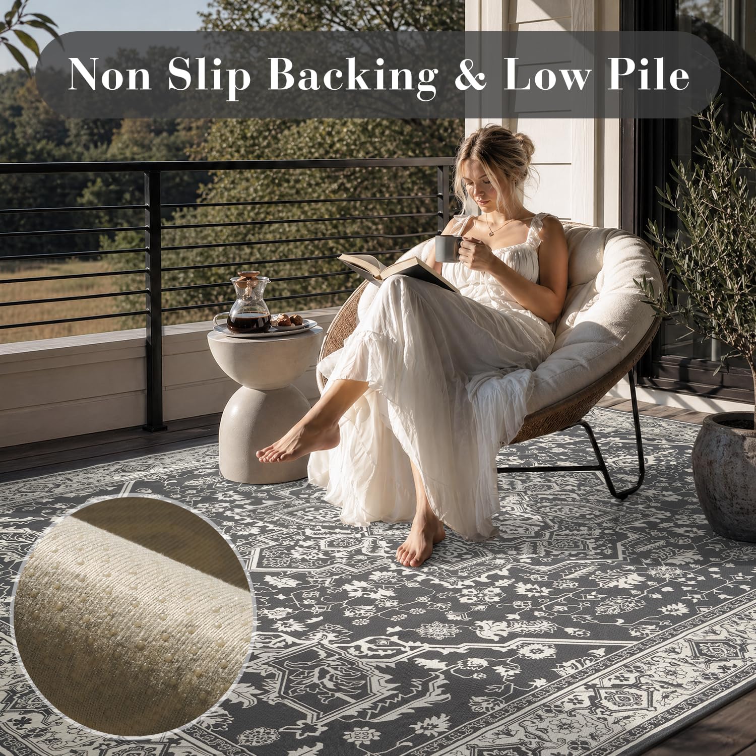 Detalle de Engiw 5 x 8 ft Outdoor Rug, Machine-Washable Flatweave, Blackish Grey