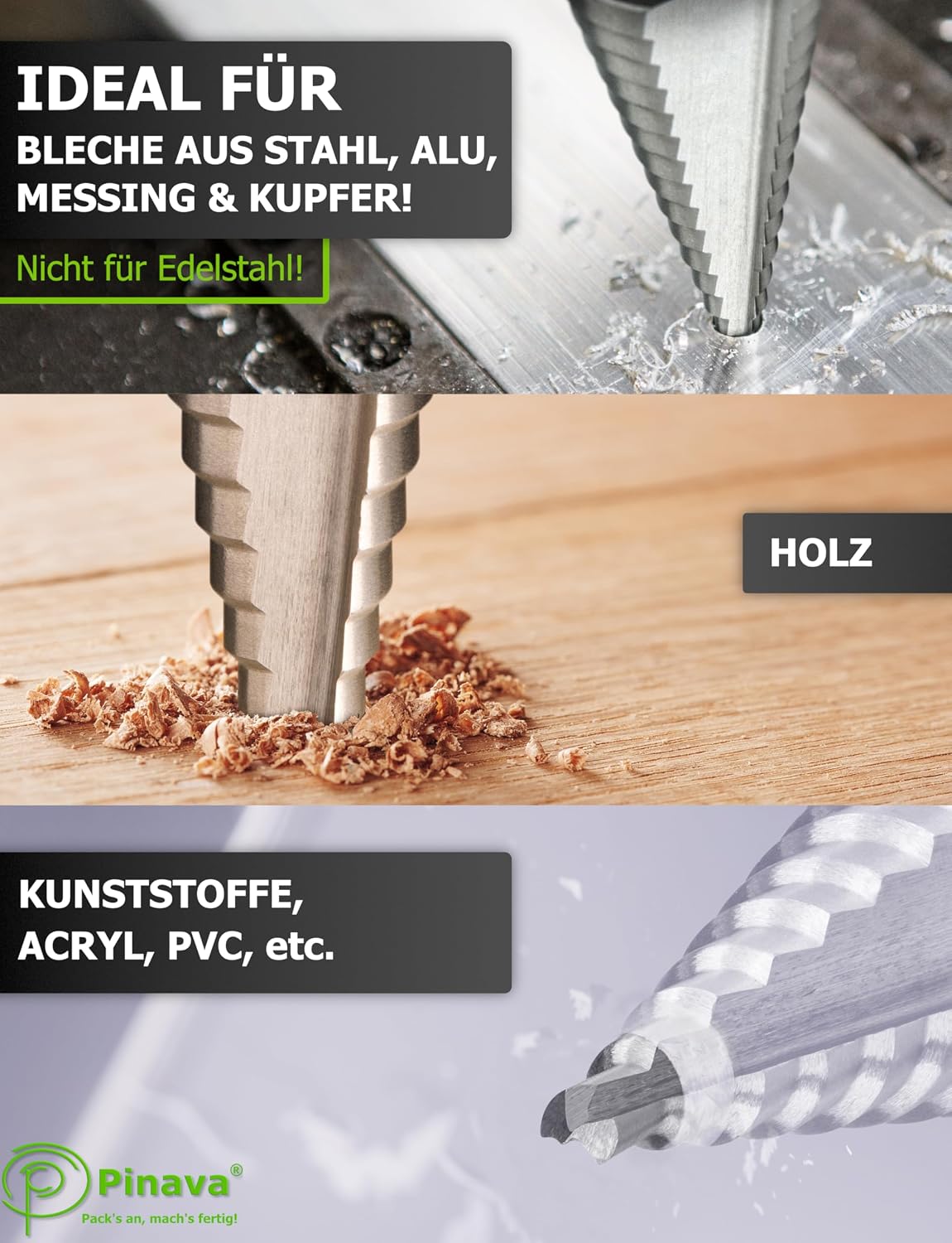 Detalle 2 de Pinava® HSS Stufenbohrer Ø4–42 mm (14 Stufen) – Kegelbohrer für Metall, Holz & Kunststoff