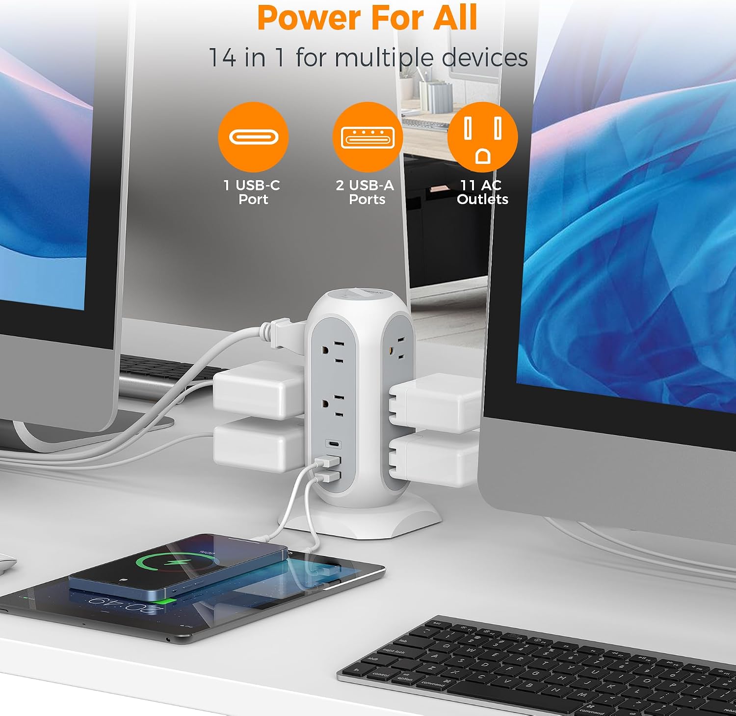 Detalle 2 de TESSAN TPS02-US Tower Power Strip, 11 Outlets, 3 USB Ports, 1050J