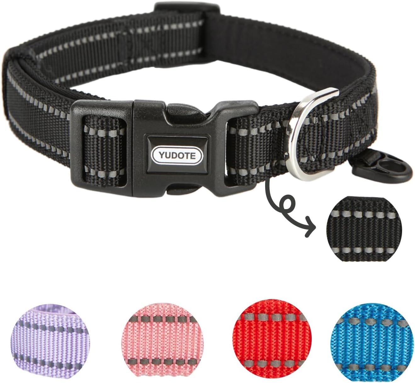 Detalle de YUDOTE Reflective Adjustable Nylon Dog Collar with Soft Neoprene Padding – Reflective, Suitable for Puppies and Small Dogs (Black)