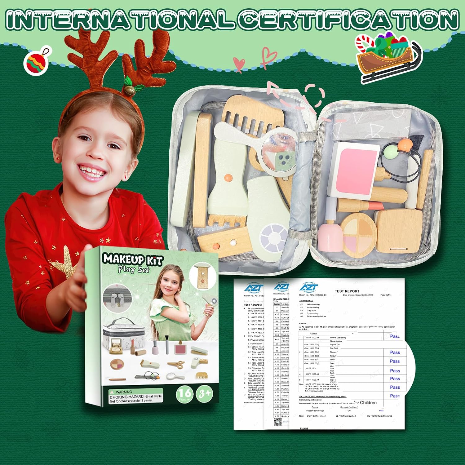 Thumbnail 3 de Wooden Makeup Toy Set, 16-Piece Pretend Beauty Salon Playset with Carrying Bag