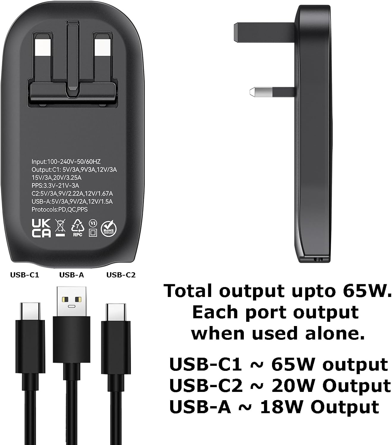 Detalle de TWICK 65W Ultra-Slim GaN Charger with 2x USB-C & USB-A (UK Plug)