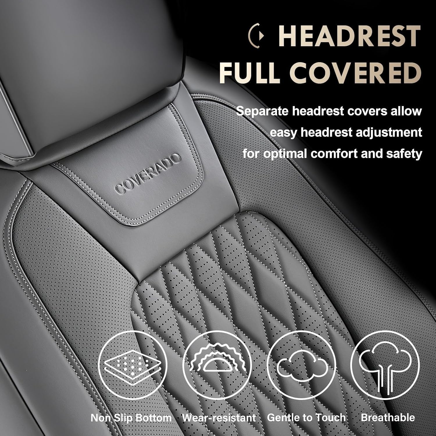 Detalle de Coverado Leather Seat Covers Full Set for Ford F-Series Crew Cab (2015–2026 F150, 2017–2026 F250/F350/F450) – Gray