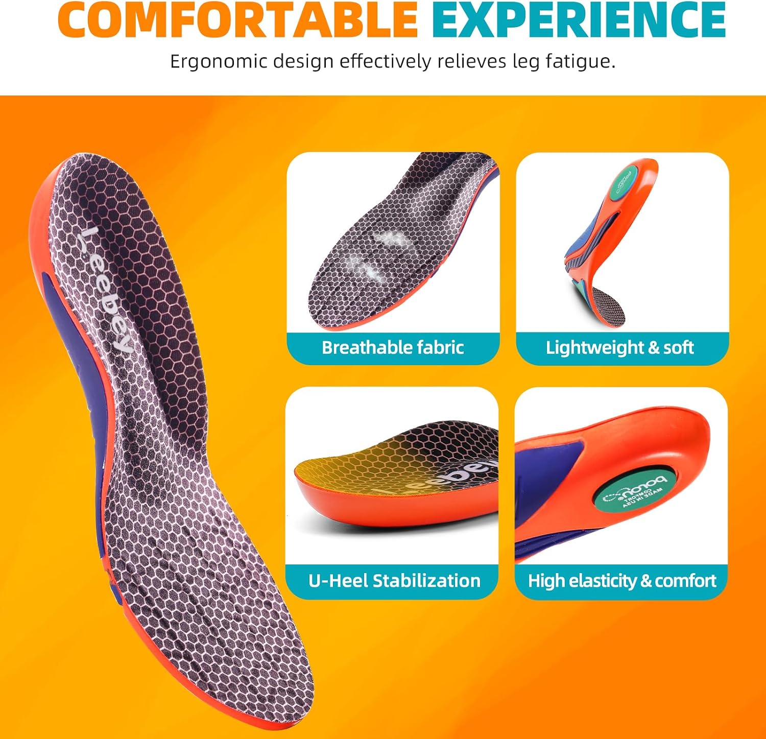 Detalle de Leebey semelles orthopédiques orange pour douleurs au pied (soutien de voûte, pas plats, fasciite plantaire) 45-46