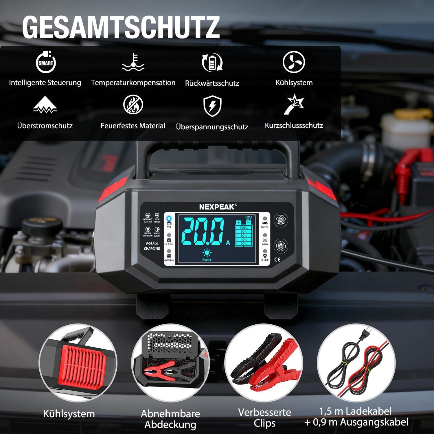 Thumbnail 6 de NEXPEAK 1-20A Autobatterie-Ladegerät (Erhaltungslader) für 12/24V LiFePO4 & Blei-Säure