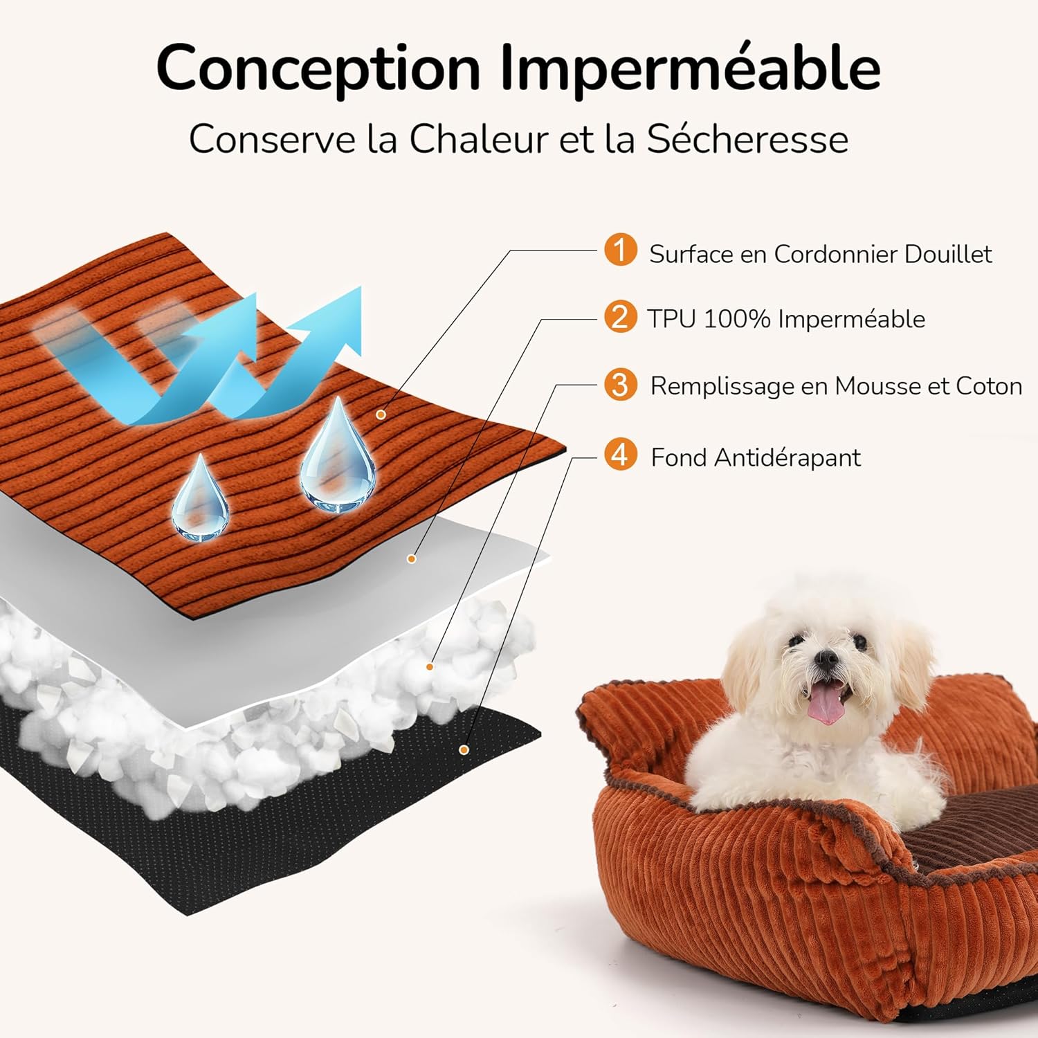 Thumbnail 3 de FUKUMARU Panier pour chien en velours côtelé (71 cm) avec housse lavable et fond anti-dérapant