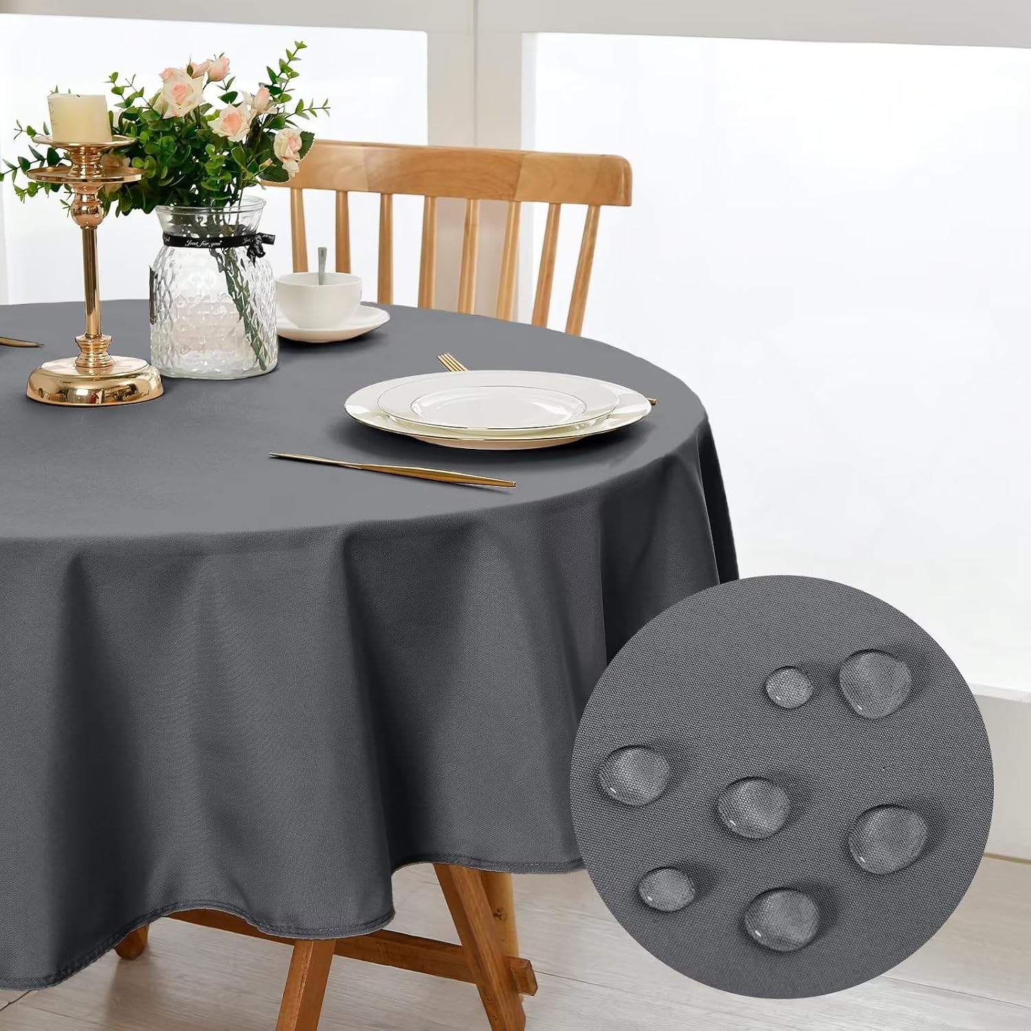 DWCN Nappe Ronde Anti-Taches Lavable et Imperméable 140 cm – Gris Clair