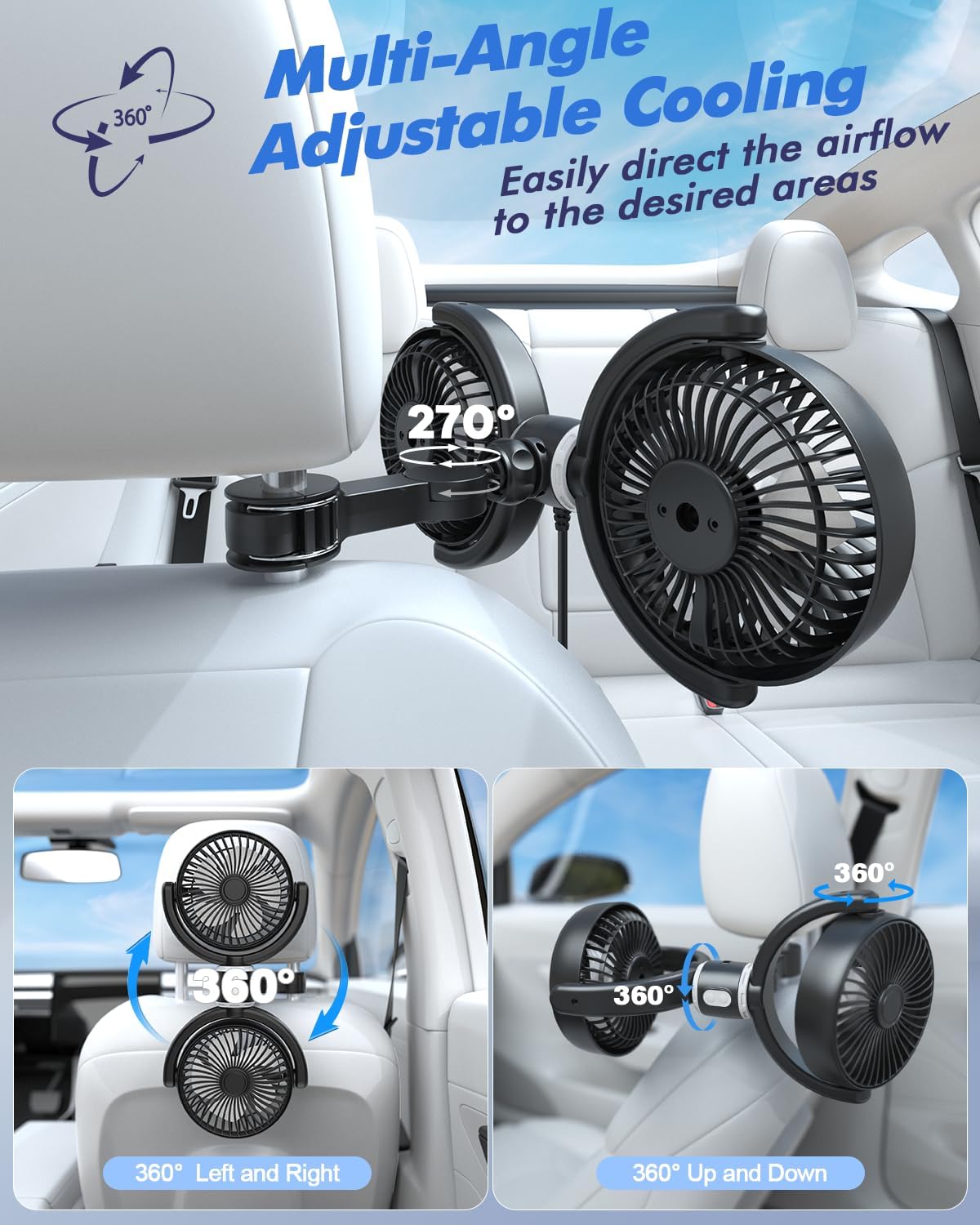 Thumbnail 4 de Car Fan USB Powered for Baby: Dual Backseat Cooling with 3-Speed, 360° Rotating USB Plug