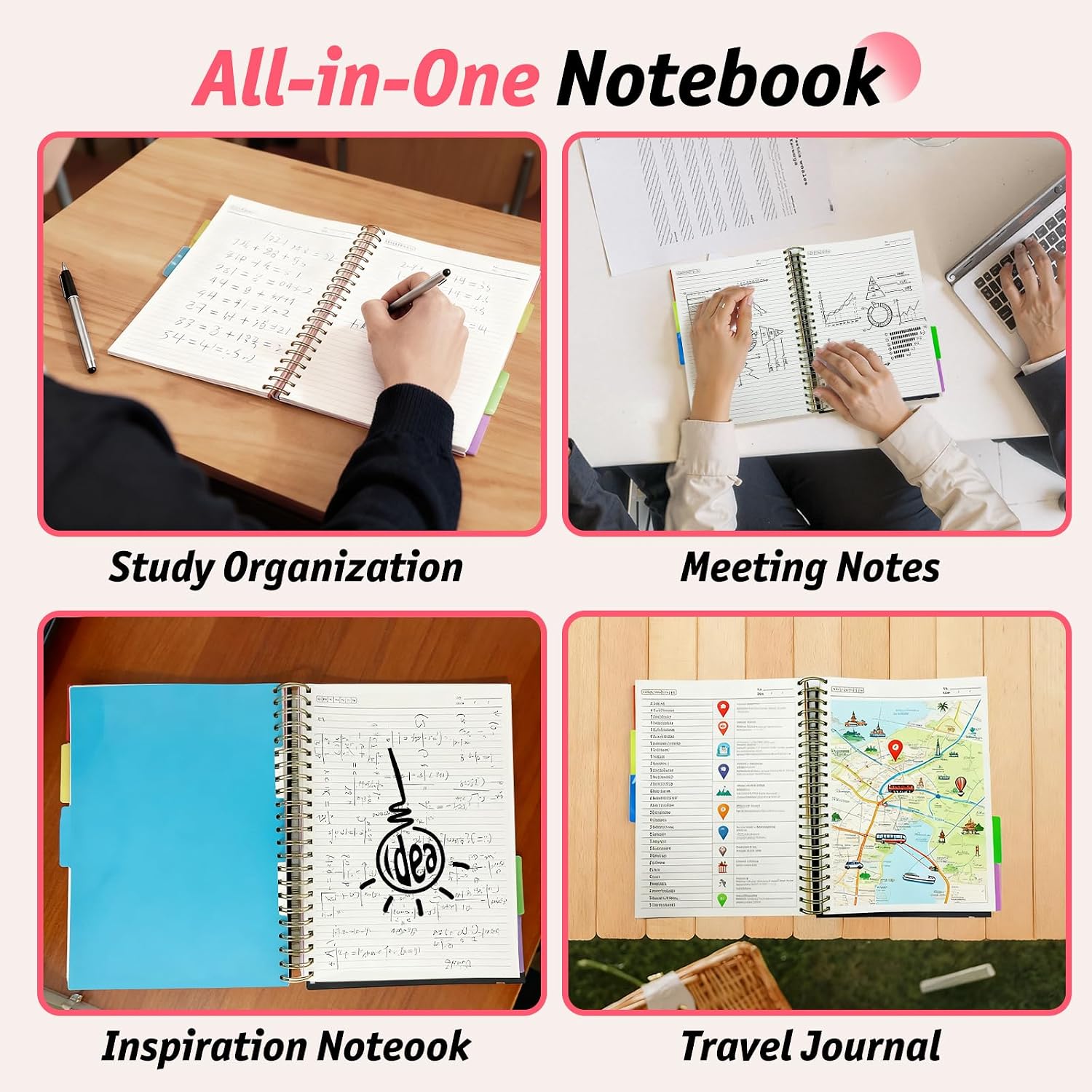 Detalle de ReePlan 360 Pages A4 Spiral Notebook with 5 Subjects – Pink