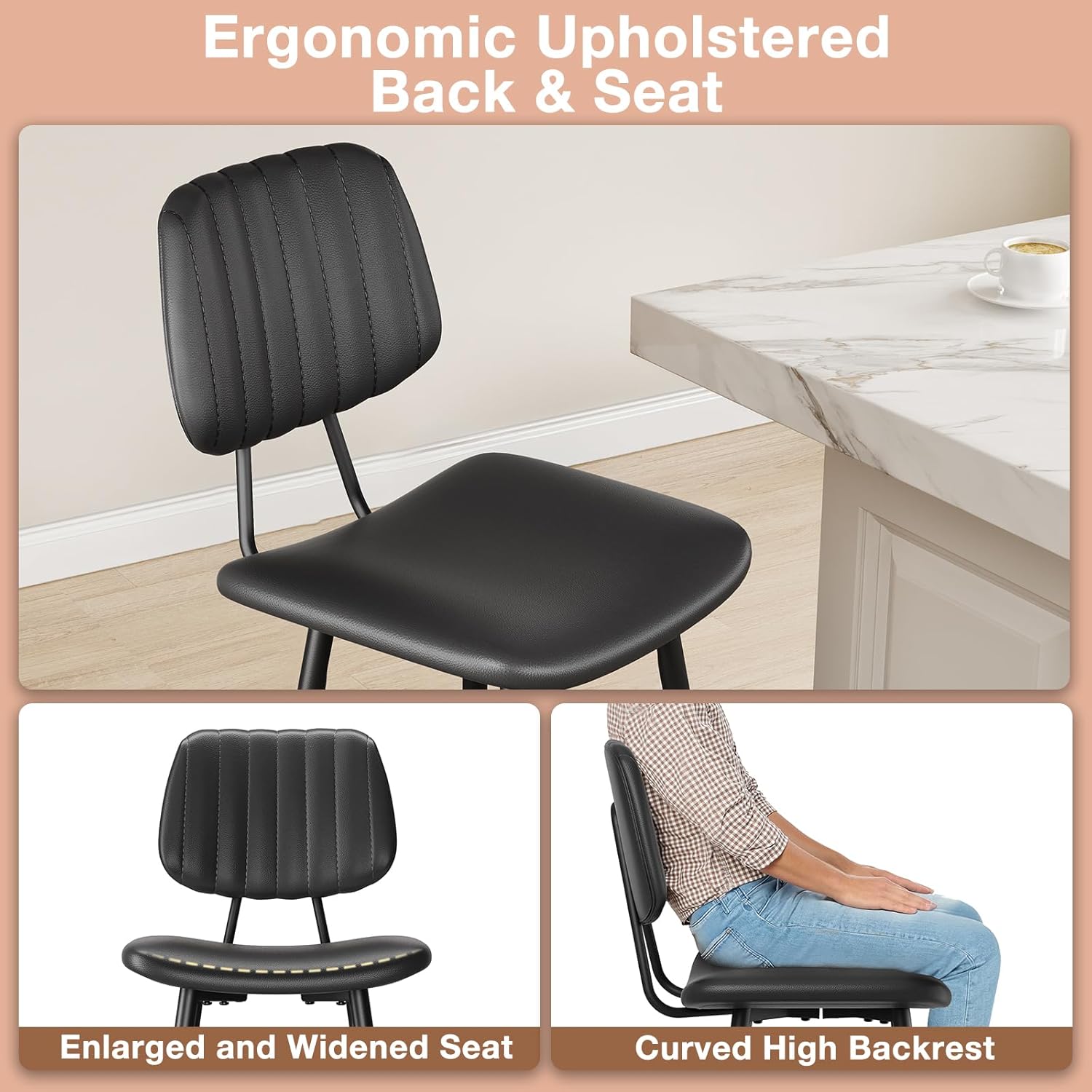 Detalle 2 de Raynesys 29-Inch Leather Bar Stools Set of 3 (Counter Height) with High Backrest