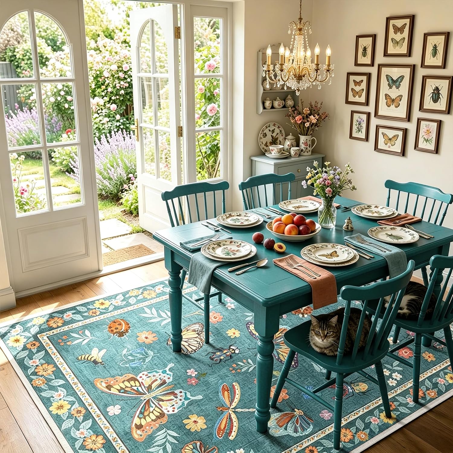 Detalle de AIMPEAK Teal Insect Area Rug, 5' x 7', Washable Low-Pile Polyester
