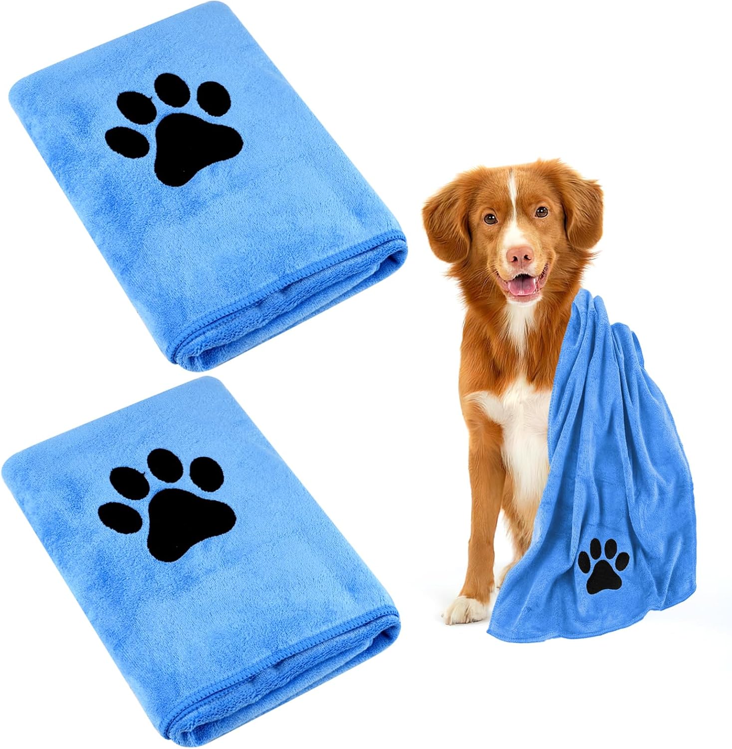 Deepton Hundehandtuch (2er-Set) extra saugfähig, schnell trocknende Mikrofaser – 100 x 50 cm, blau