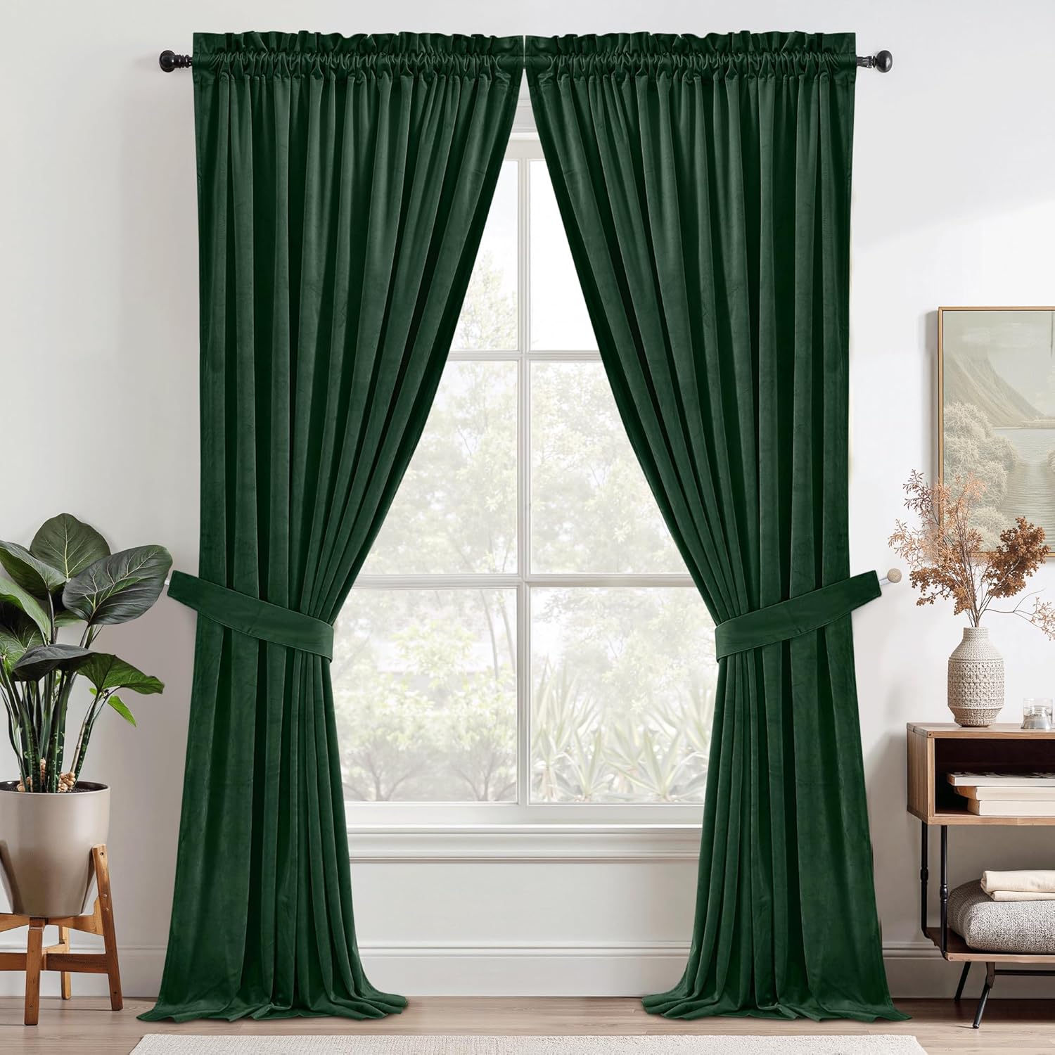 Thumbnail 1 de StangH Green Velvet Curtains: Elegant Rod Pocket Drapes with Thermal Insulation (2 Panels, Dark Green)