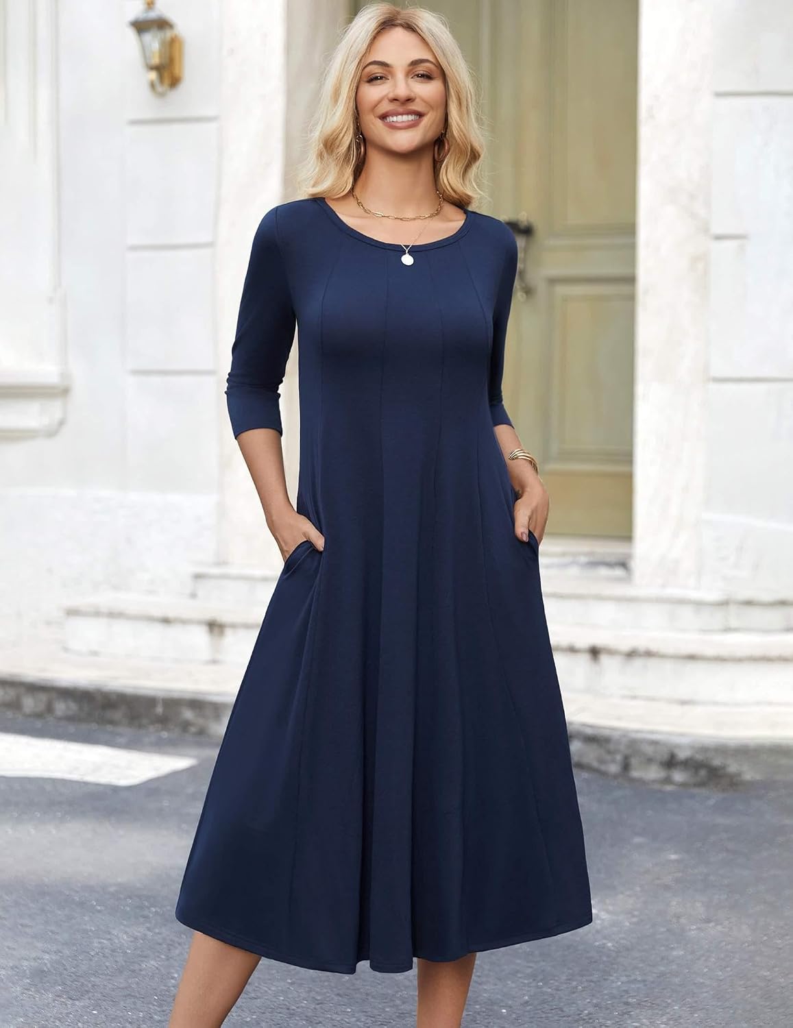 Thumbnail 3 de HOTOUCH Women's A-line Flare Midi Dress 3/4 Sleeve