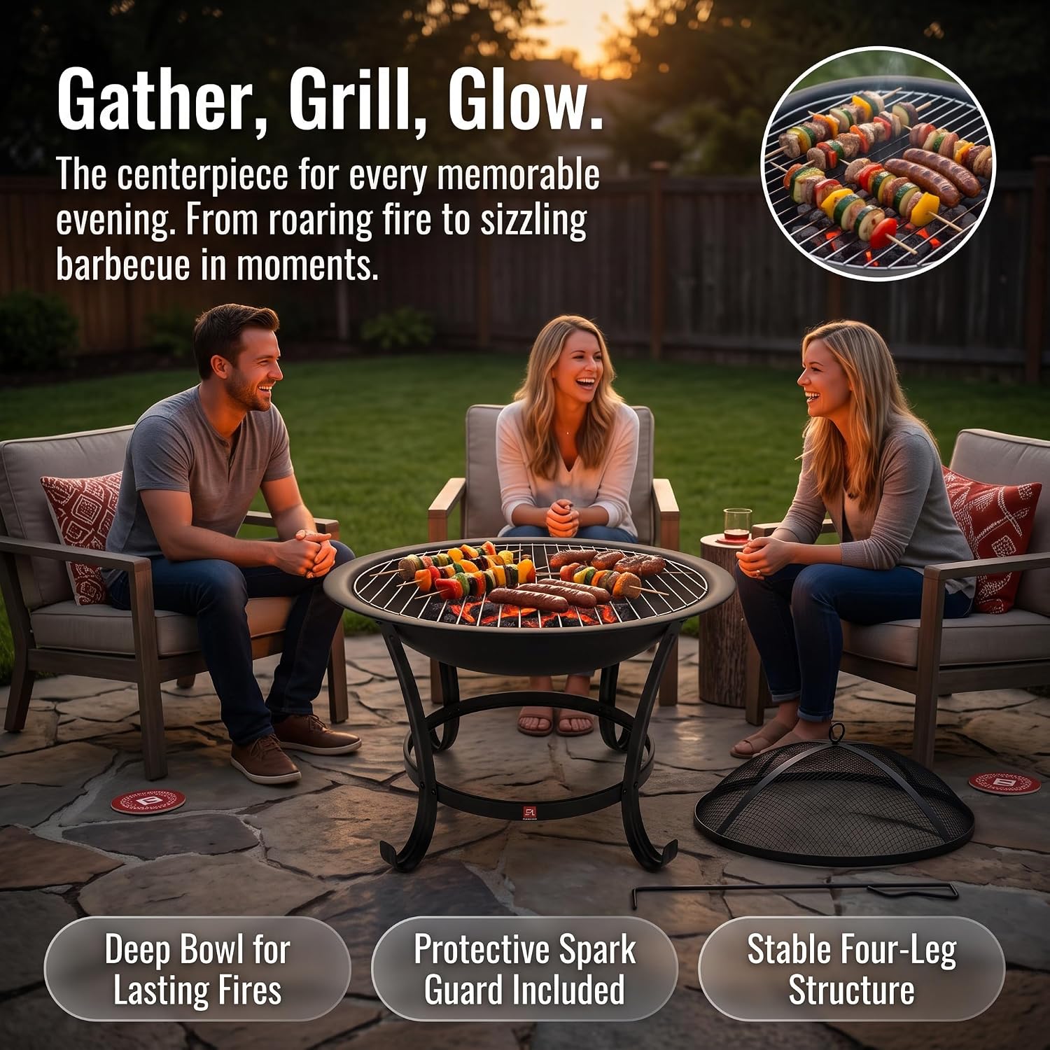 Detalle de Fire Beauty Fire Pit BBQ Grill Pit Bowl with Mesh Spark Screen Cover and Poker