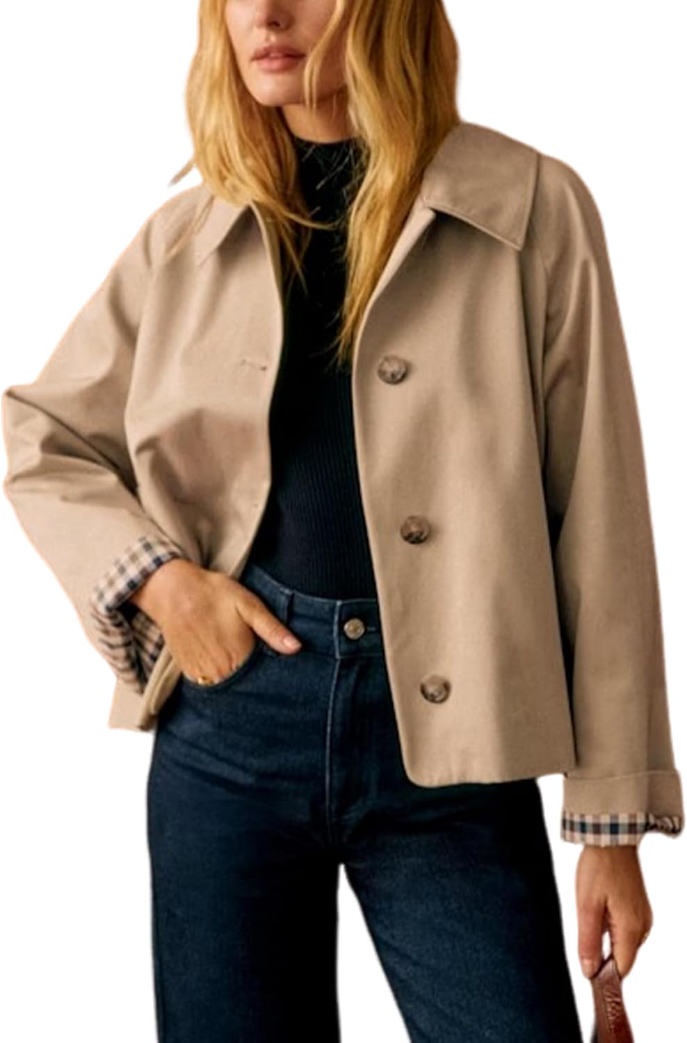 Detalle de Yeokou Women’s Oversize Trench Coat with Plaid Lining, Lapel & Button-Down Pockets