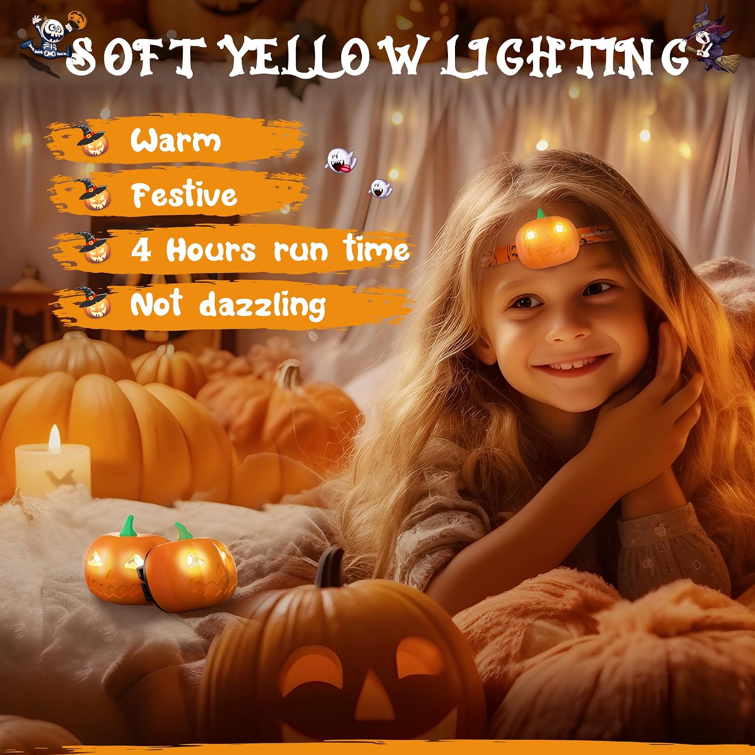 Detalle 2 de EVERBRITE E021060AU Halloween-hoofdlampjes met pompoen, 2 stuks