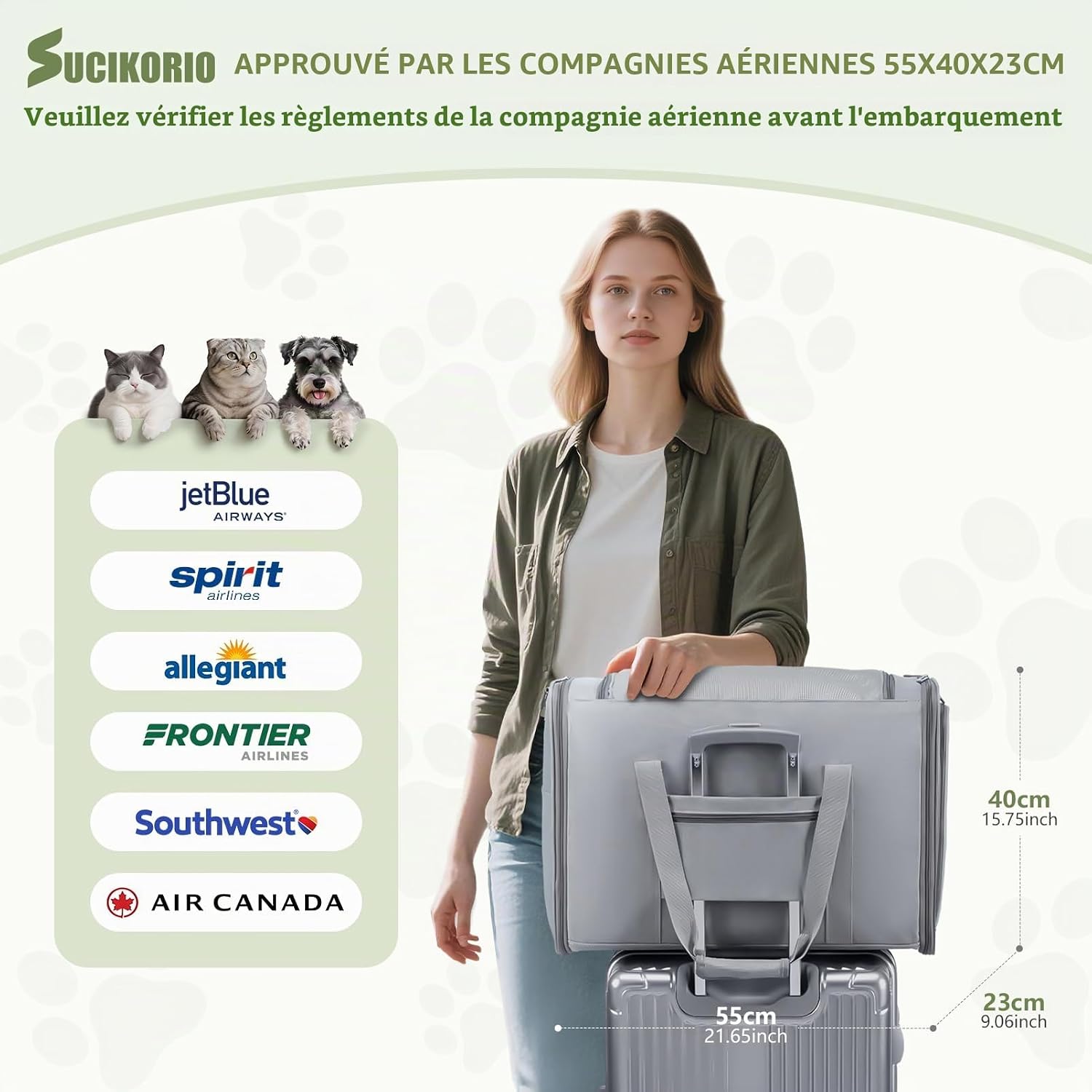 Detalle de SUCIKORIO B1031-Khaki transporttas voor katten en kleine honden, opvouwbaar, 55 x 40 x 23 cm