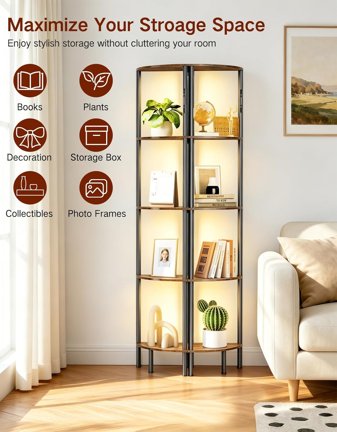 Detalle de OUTONLIFE LED Floor Lamp with Shelves (Rustic Brown) – 3 Colour Temps, Touch & Remote
