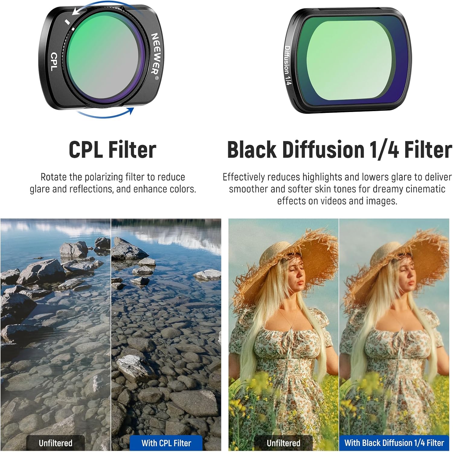 Thumbnail 4 de NEEWER Magnetic ND Filter Set for DJI Osmo Pocket 4 & 3 Creator Combo (ND2-32 Variable, CPL, 1/4 Black Diffusion + 0.72x Wide Lens)