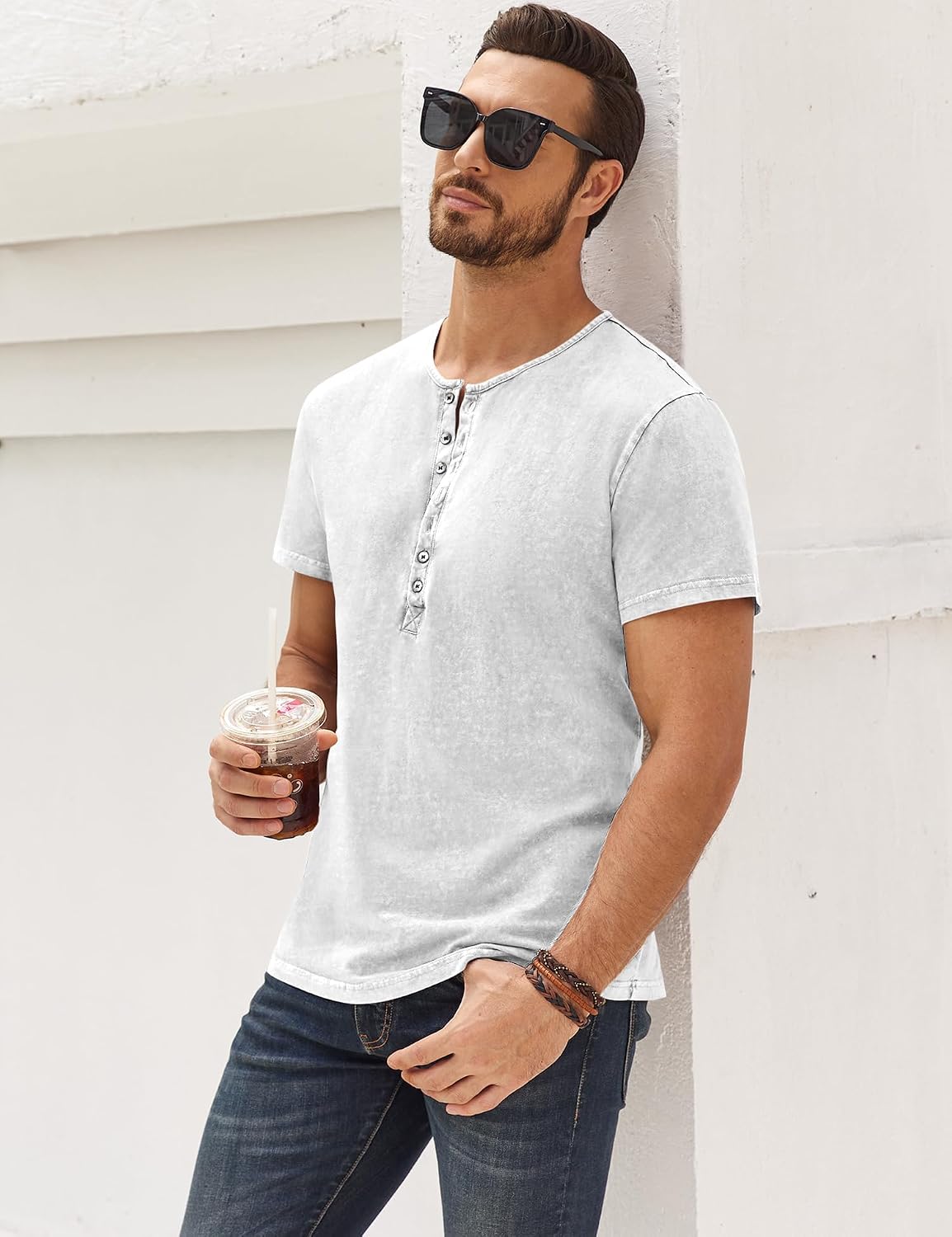 Detalle de Beotyshow Henley Langarm Hemd für Herren – Slim Fit aus Baumwolle, vielseitig einsetzbar