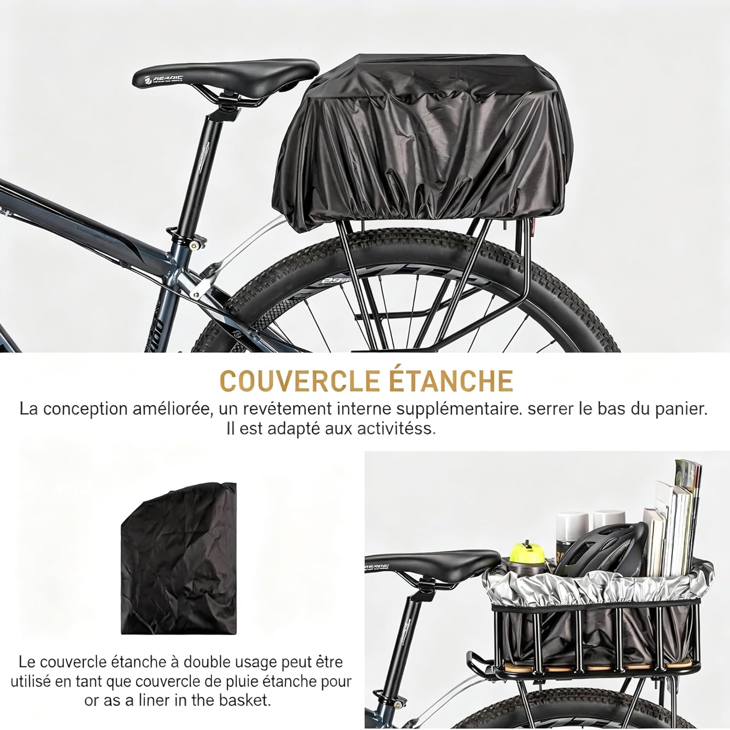 Detalle de CXWXC Panier arrière de vélo grand modèle avec fond en bois, housse imperméable et filet cargo