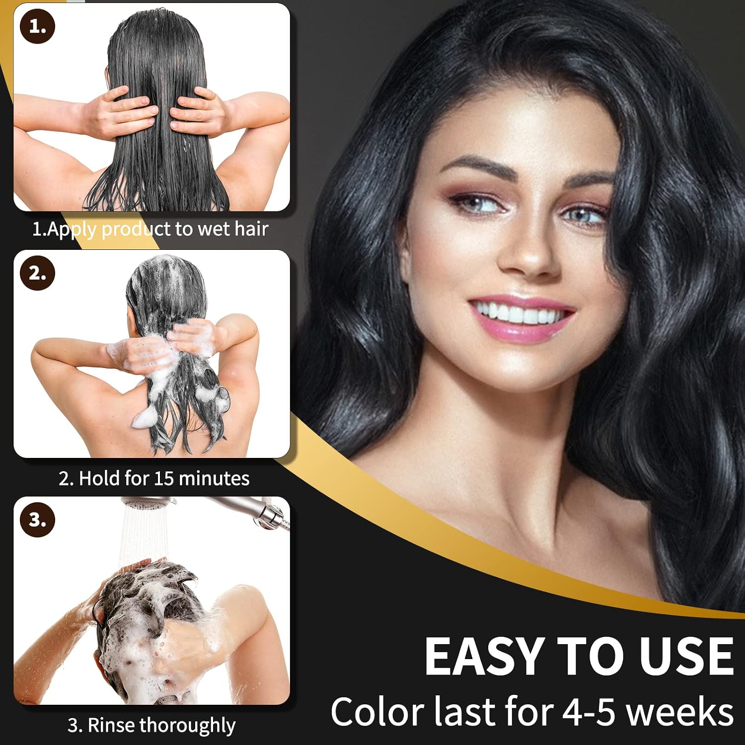 Detalle 2 de COSMTEK Black Dye Shampoo (Ammonia-Free) for Permanent Hair Color & Gray Coverage, Men & Women, 3-in-1, 500ml