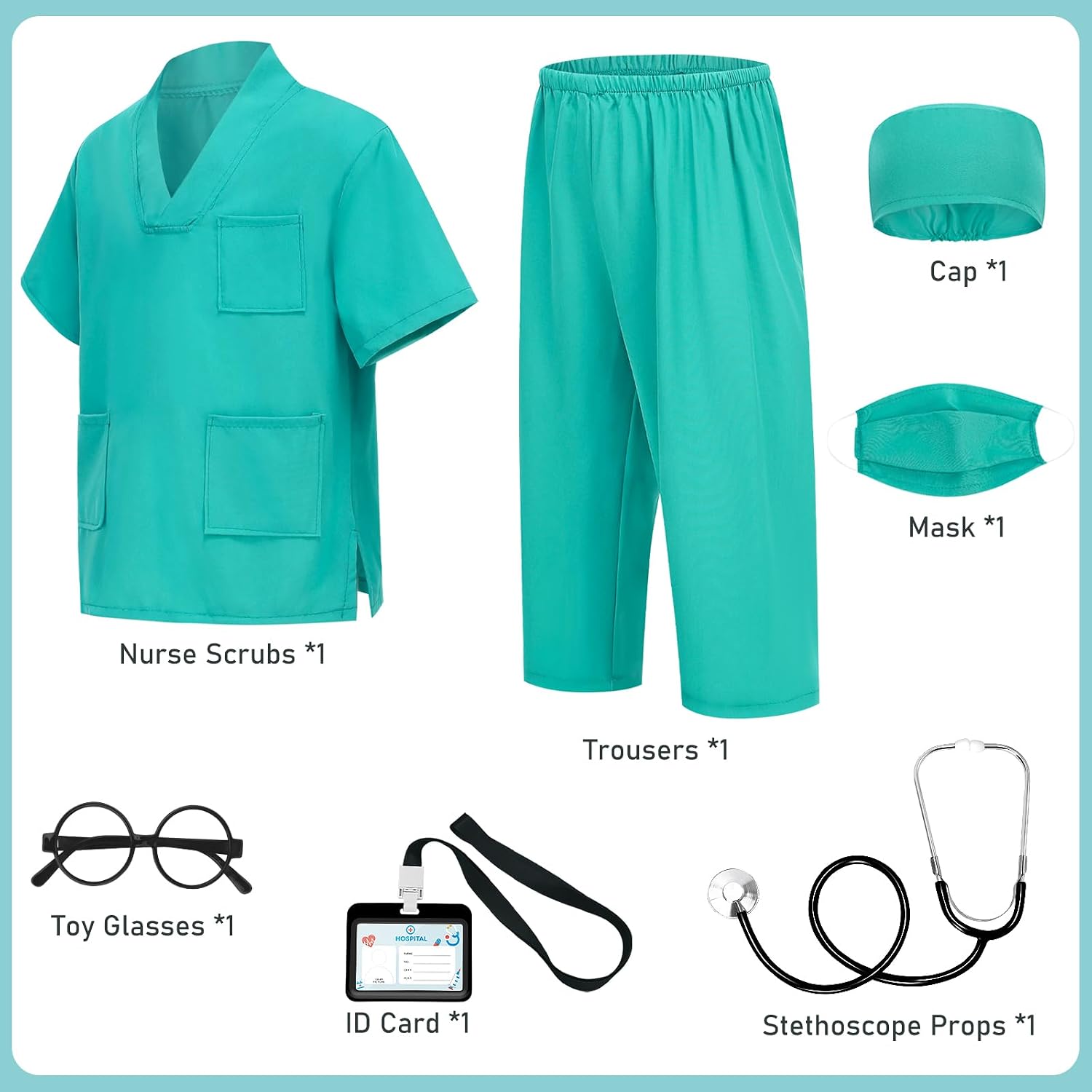Detalle 2 de Wuclad 7-Piece Kids Doctor Costume with Scrubs and Working Stethoscope
