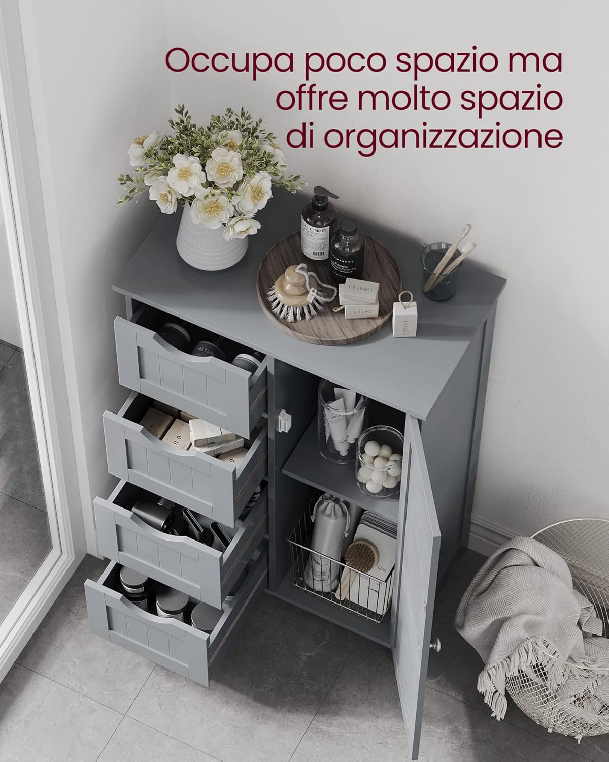 Thumbnail 3 de VASAGLE Mobile da Bagno LHC041P36: mobiletto stretto con 4 cassetti in Grigio Tortora