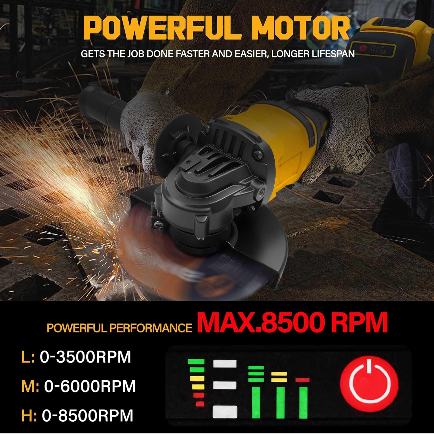 Detalle 2 de Smerigliatrice angolare a batteria 125 mm per DeWalt 20 V MAX (brushless) – 3 velocità, leggera e professionale