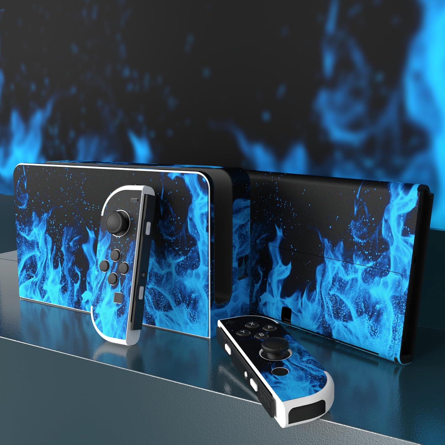 Thumbnail 2 de playvital Full Set Protective Stickers for Nintendo Switch OLED – Blue Flame vinyl skins for console, Joy-Con, dock & grip