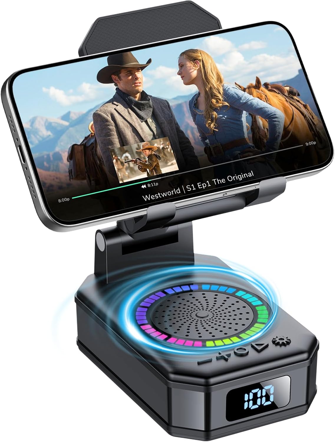 Detalle de Vatertagsgeschenk für Papa: 4-in-1 Bluetooth-Lautsprecher mit Handyhalter, 7 LED-Farben und USB-Ladefunktion