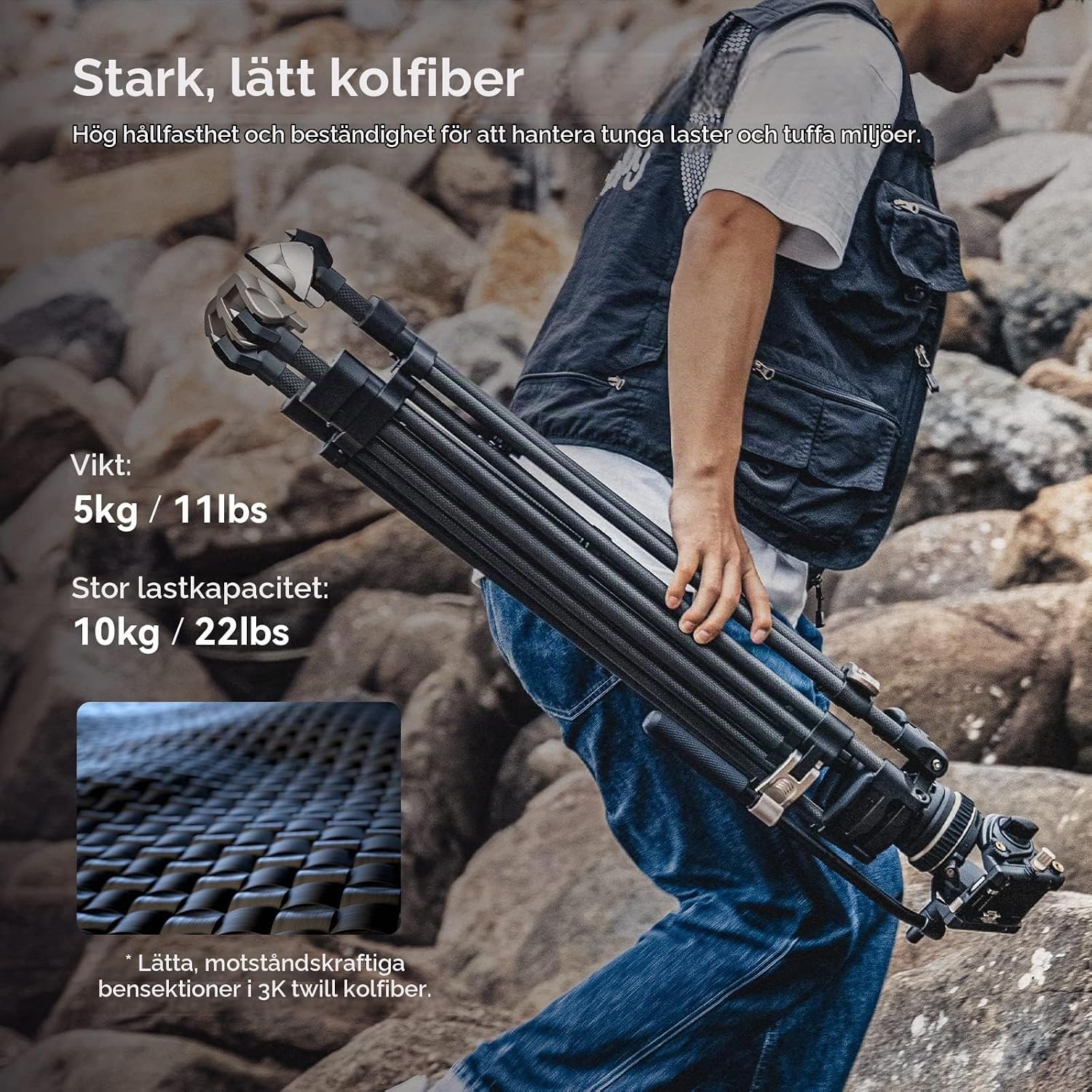 Detalle 1 de SMALLRIG AD-100 3989 videostativ i kolfiber med enstegslåsning