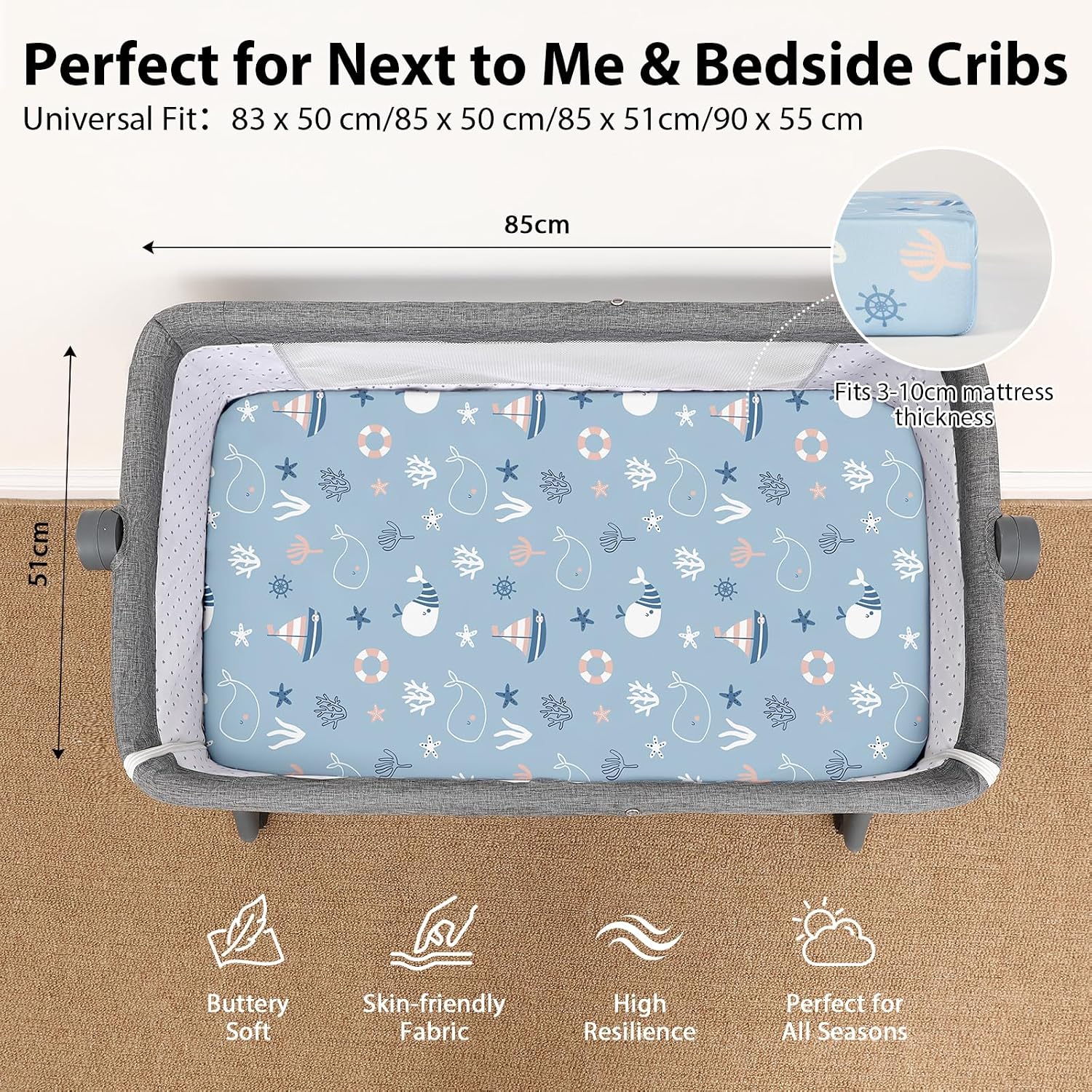 Thumbnail 1 de FIEMOL Next to Me Crib Sheets 85x51cm – 3 Pack (Blue Ocean Whale)