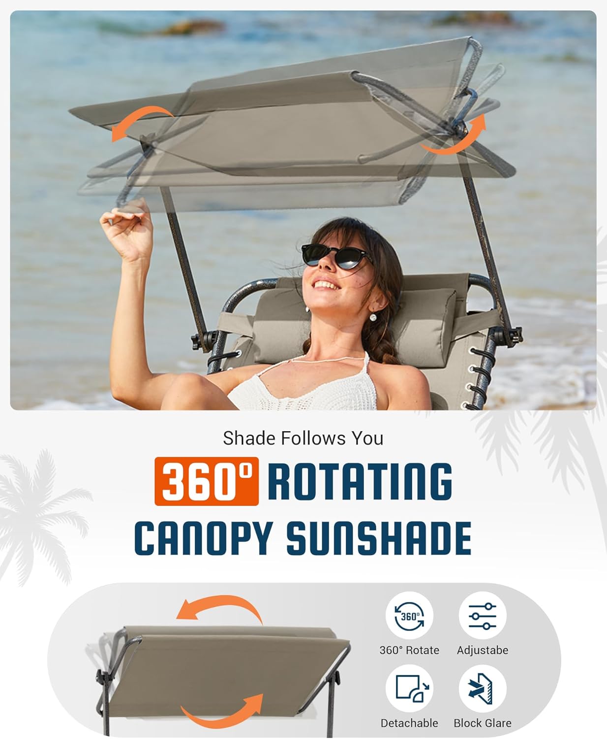 Thumbnail 3 de KingCamp Lounge Chair with Face Hole & Canopy Shade — 5-Position Folding Beach Sun Tanning Chair (400LBS)
