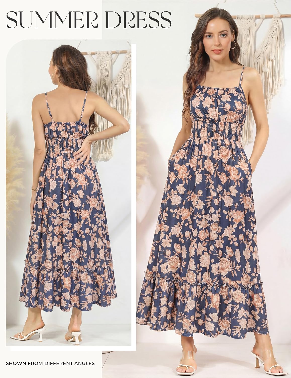 Detalle 2 de GRACE KARIN Summer Dresses for Women 2026 Smocked Floral Maxi Dress with Pockets